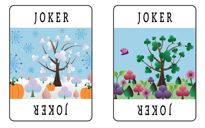 Two joker cards — winter tree and spring tree