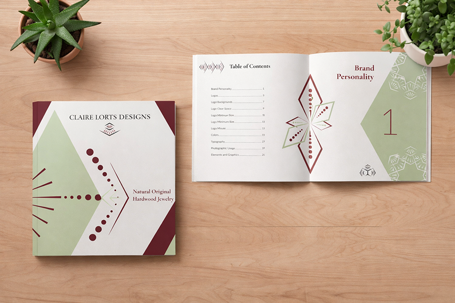 Brand book mockup showing table of contents and brand personality placeholder