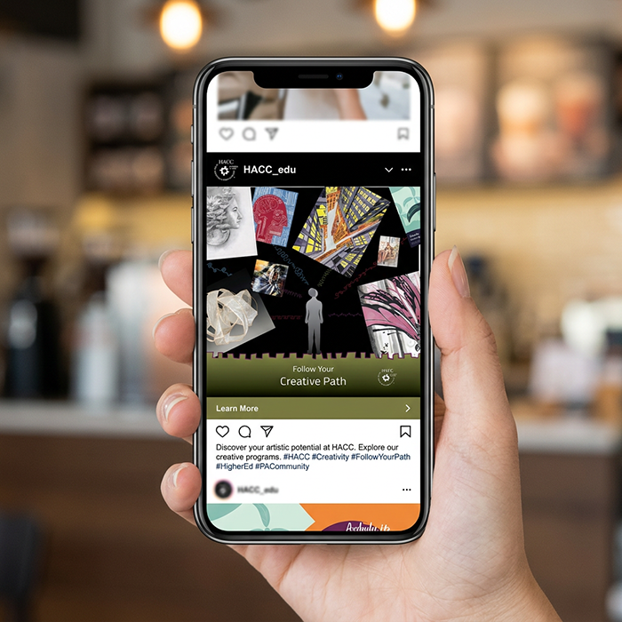 Phone mockup showing HACC Instagram